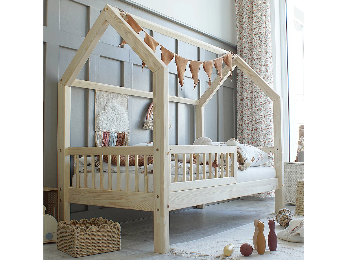 Lit cabane 90x190 barrière sommier et tiroir inclus Sofia Bois