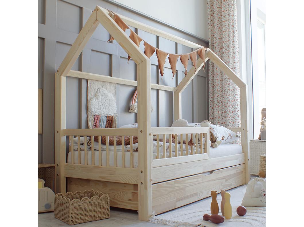 Cama cabaña 90x190 con barandilla somier y cajón Sofia Madera