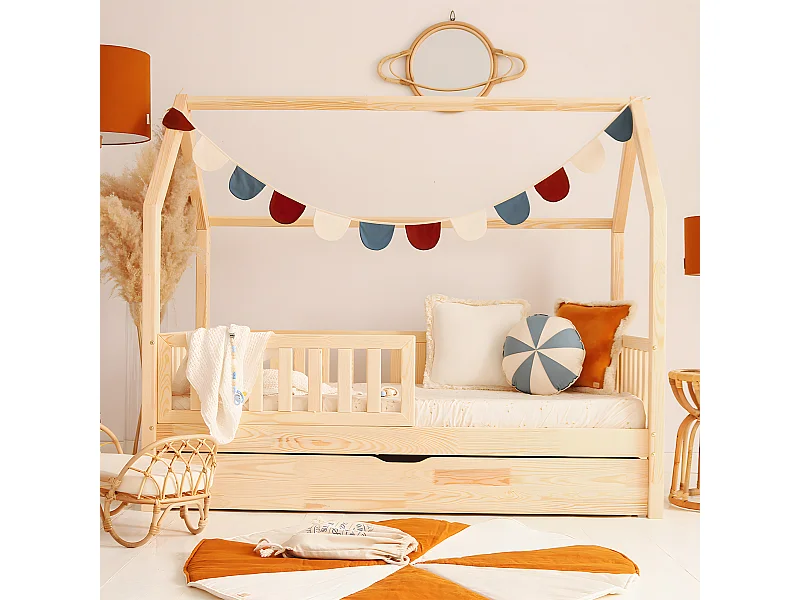 Lit cabane 90x190 barrière sommier et tiroir inclus Daisy Bois