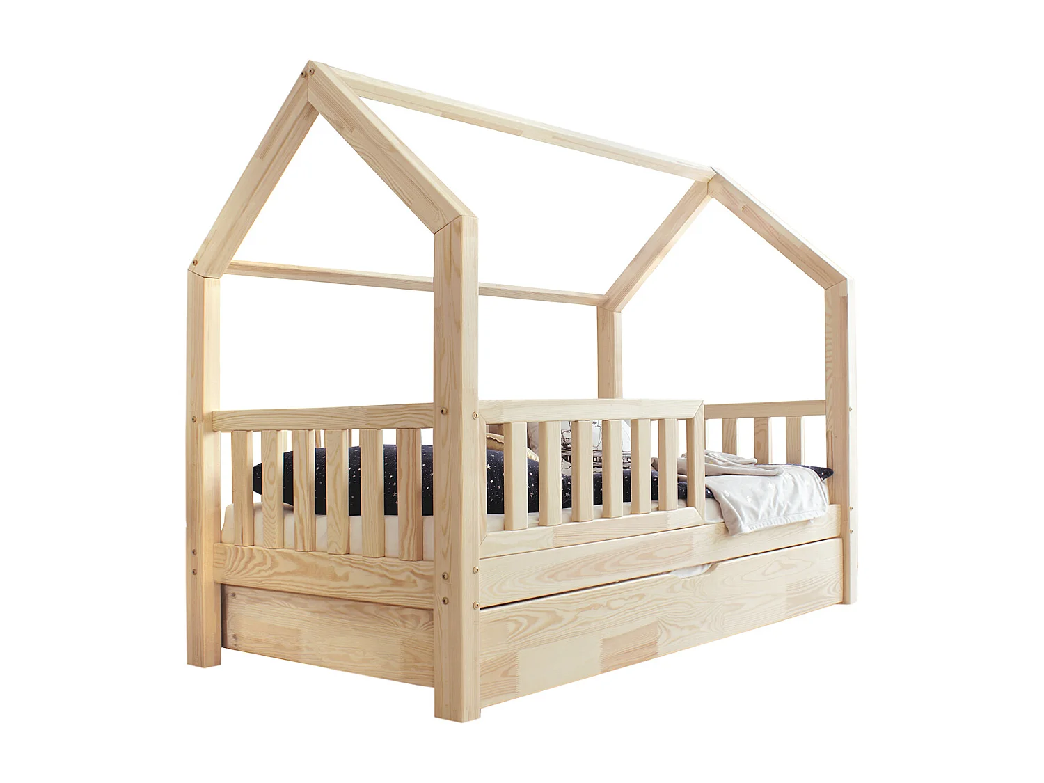 Lit cabane 90x190 barrière sommier et tiroir inclus Daisy Bois