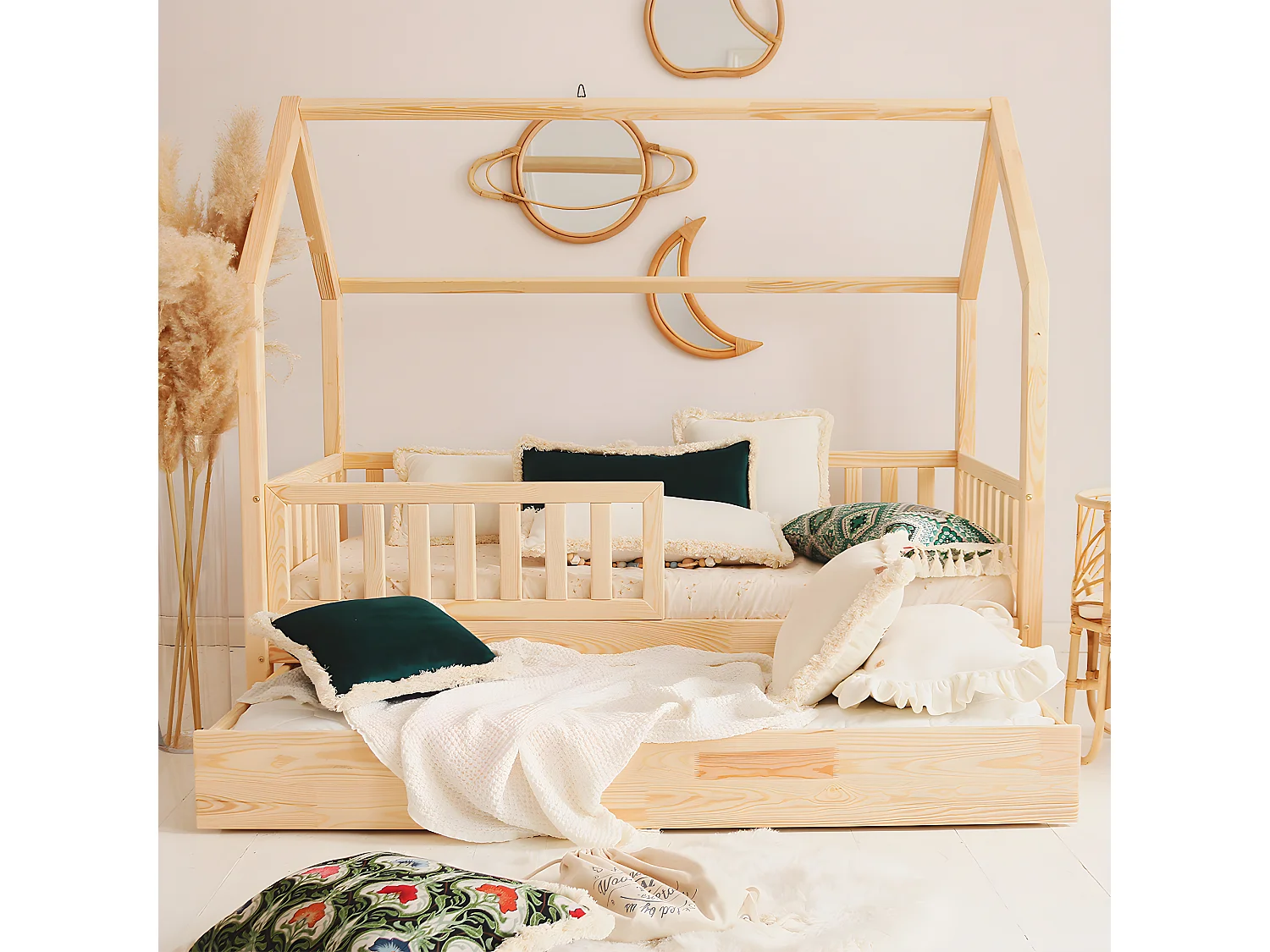 Lit cabane 90x190 barrière sommier et tiroir inclus Daisy Bois