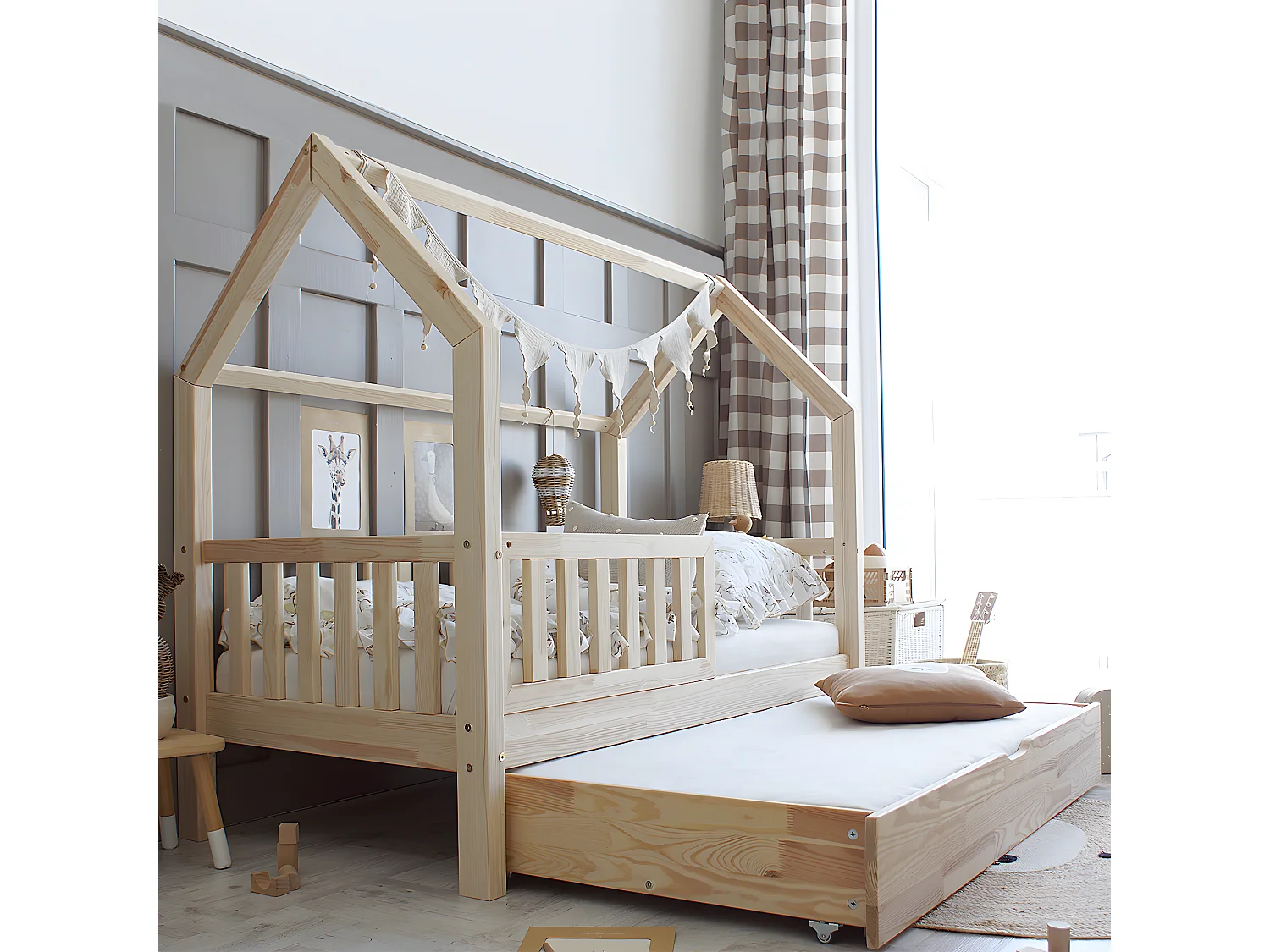 Lit cabane 90x190 barrière sommier et tiroir inclus Daisy Bois