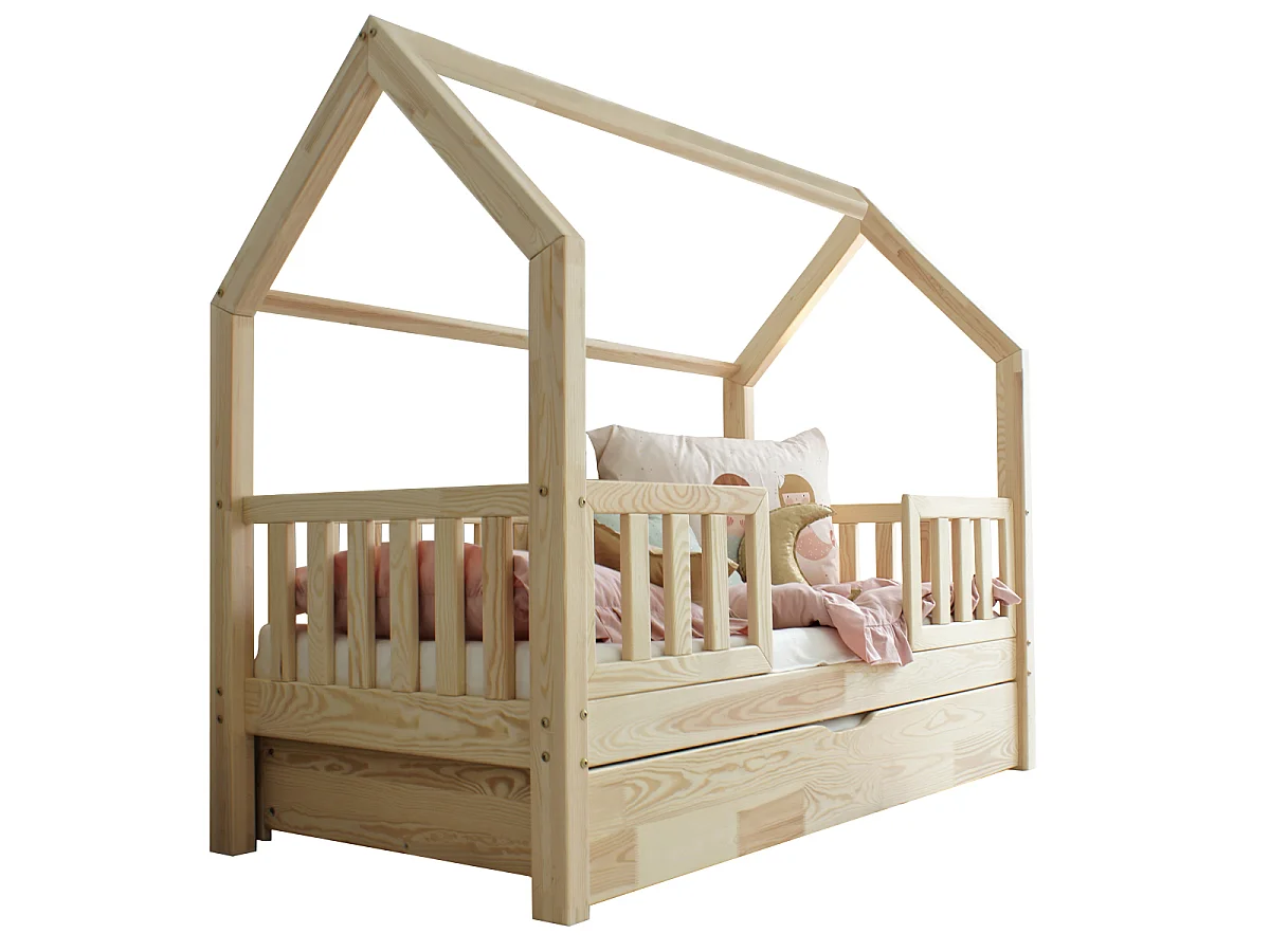 Lit cabane 90x190 barrières sommier et tiroir inclus Daisy Bois