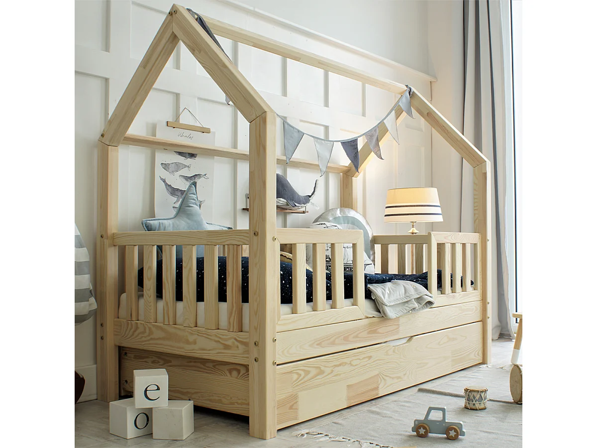 Lit cabane 90x190 barrières sommier et tiroir inclus Daisy Bois