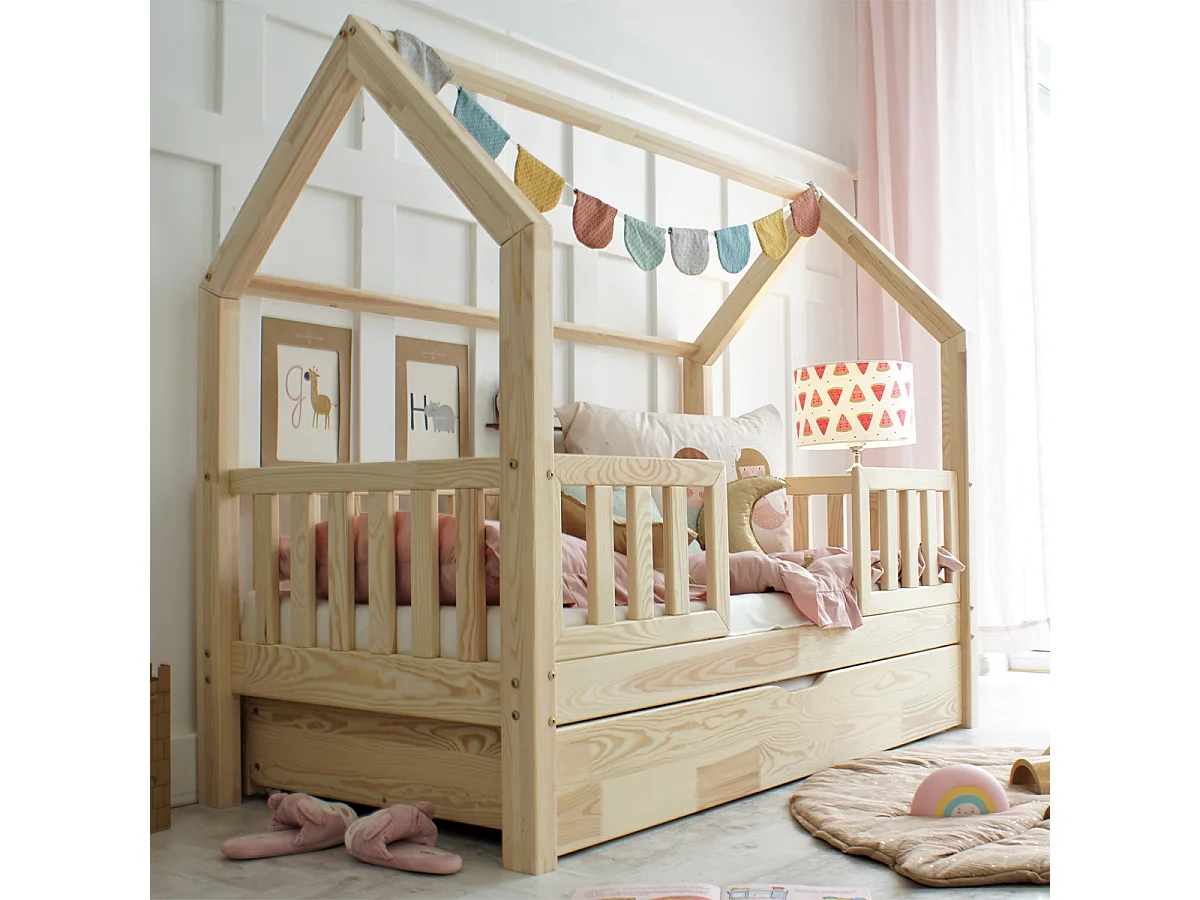 Lit cabane 90x190 barrières sommier et tiroir inclus Daisy Bois