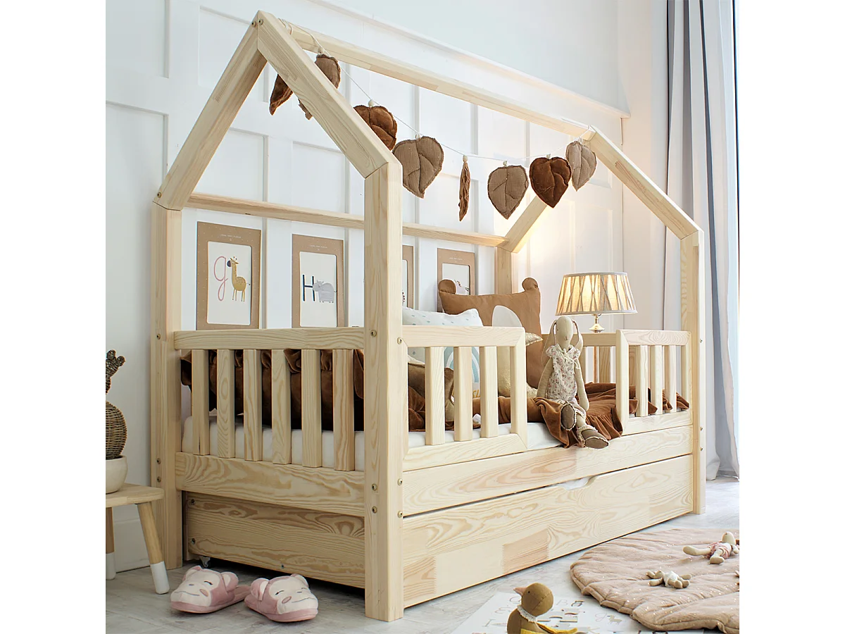 Lit cabane 90x190 barrières sommier et tiroir inclus Daisy Bois