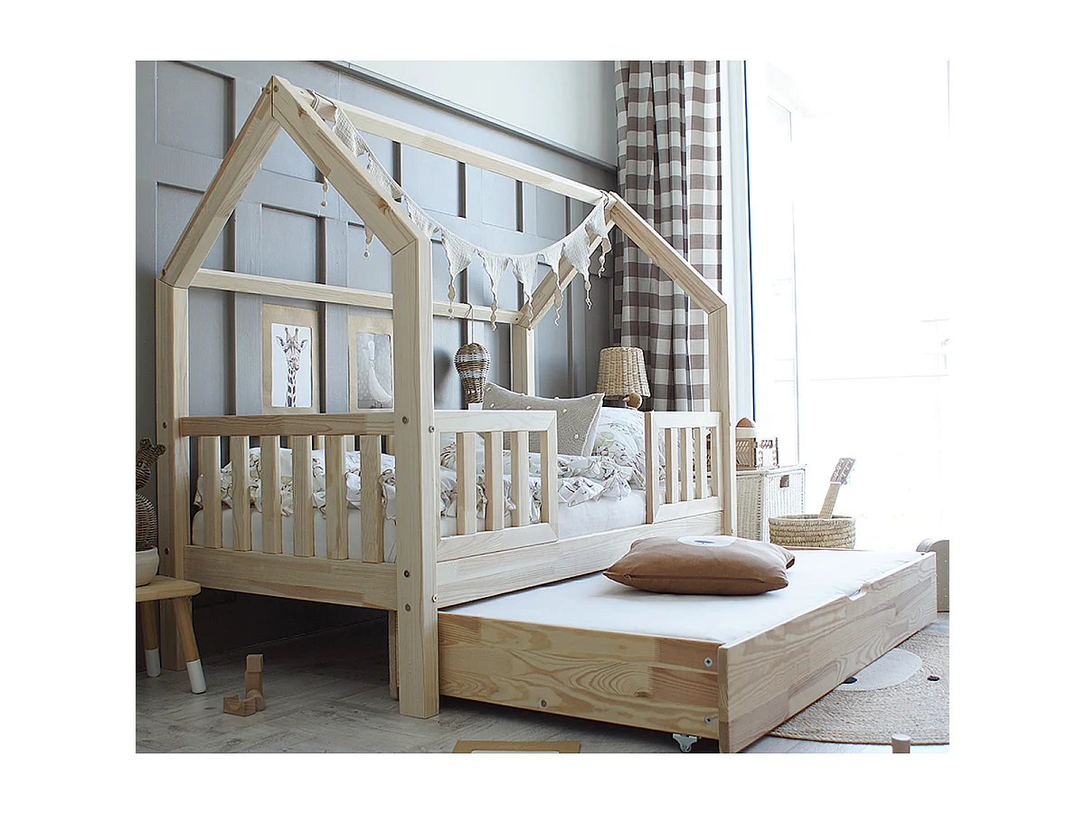 Lit cabane 90x190 barrières sommier et tiroir inclus Daisy Bois