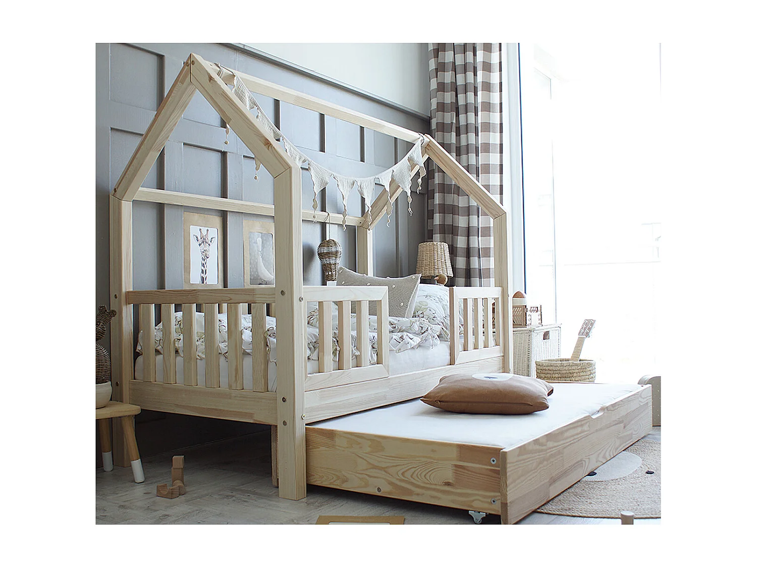 Lit cabane 90x190 barrières sommier et tiroir inclus Daisy Bois