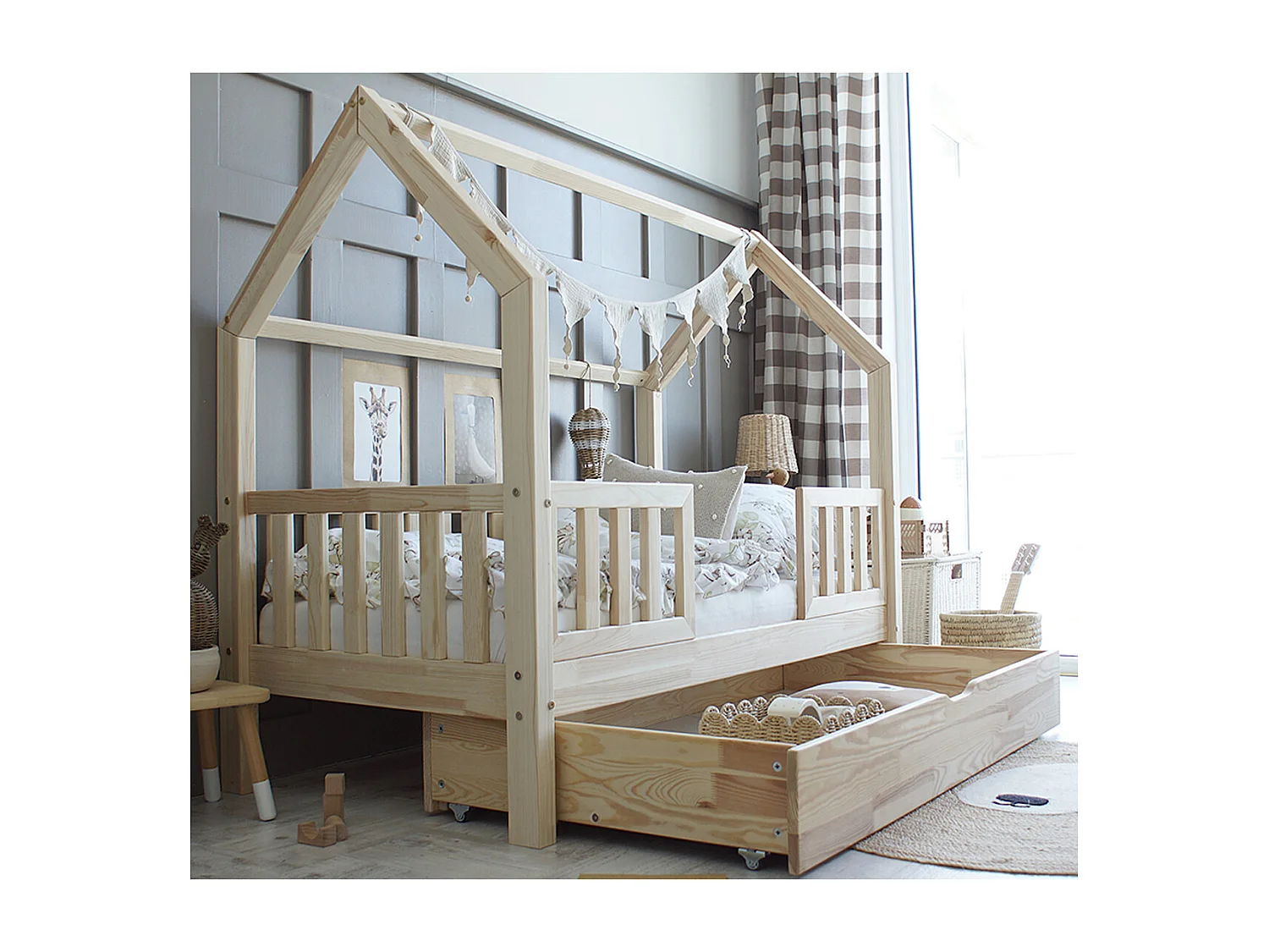 Lit cabane 90x190 barrières sommier et tiroir inclus Daisy Bois