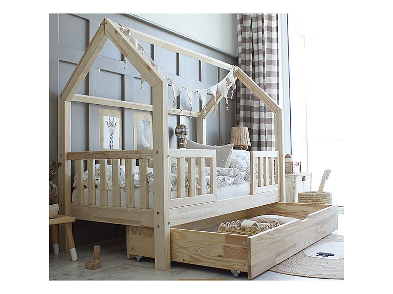 Lit cabane 90x190 barrières sommier et tiroir inclus Daisy Bois