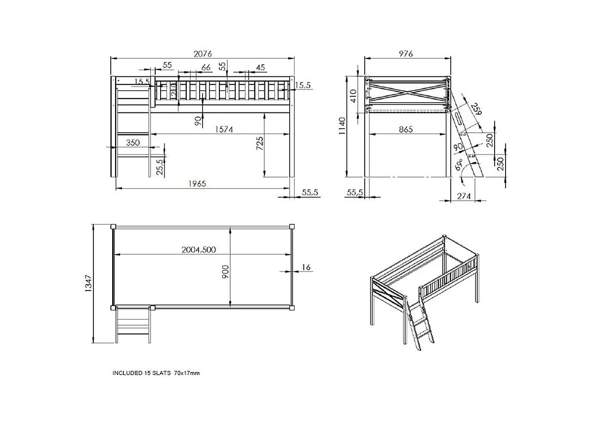 Letto a mezza altezza 90x200 con rete e rivestimento Police Vipack Scott White