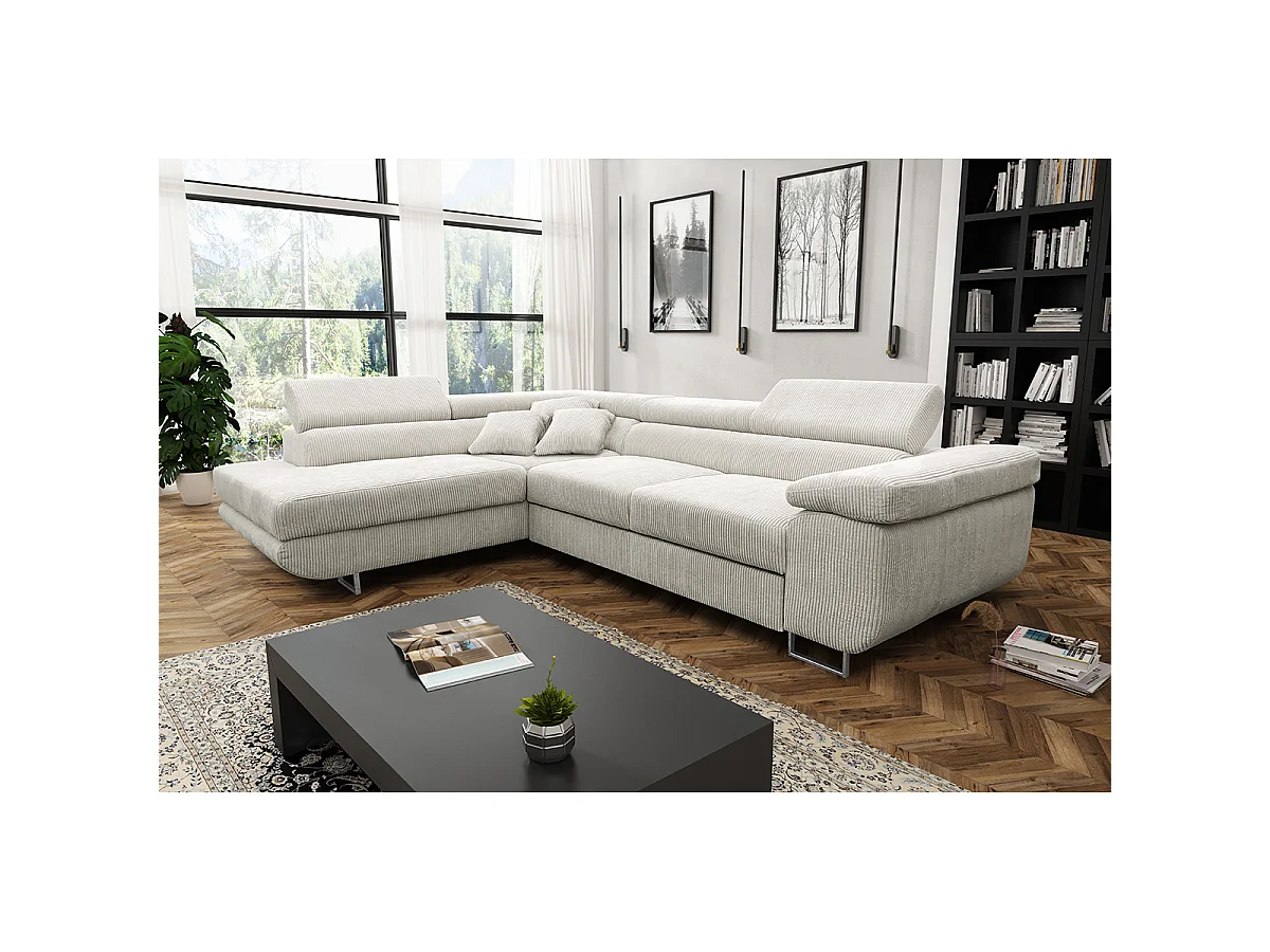 Canapé d'angle convertible gauche 4 places coffre Martin velours côtelé Blanc Cassé