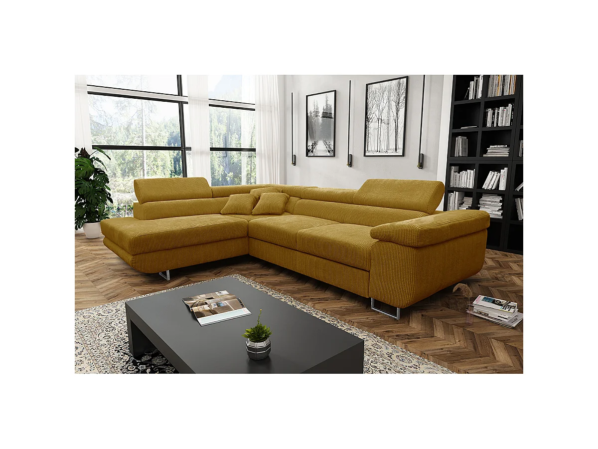 Canapé d'angle convertible gauche 4 places coffre Martin velours côtelé Jaune