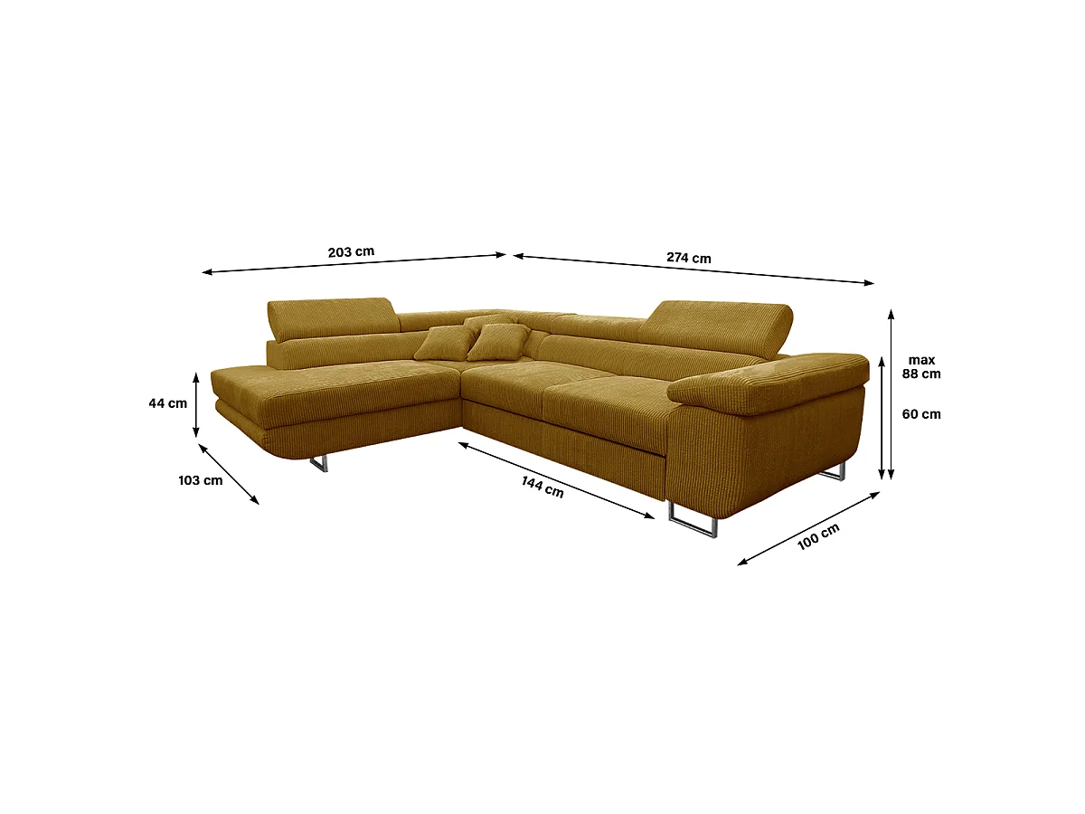 Canapé d'angle convertible gauche 4 places coffre Martin velours côtelé Jaune
