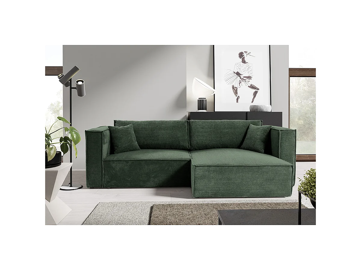 Canapé d'angle réversible convertible 3 places Jimmy velours côtelé Vert Sapin