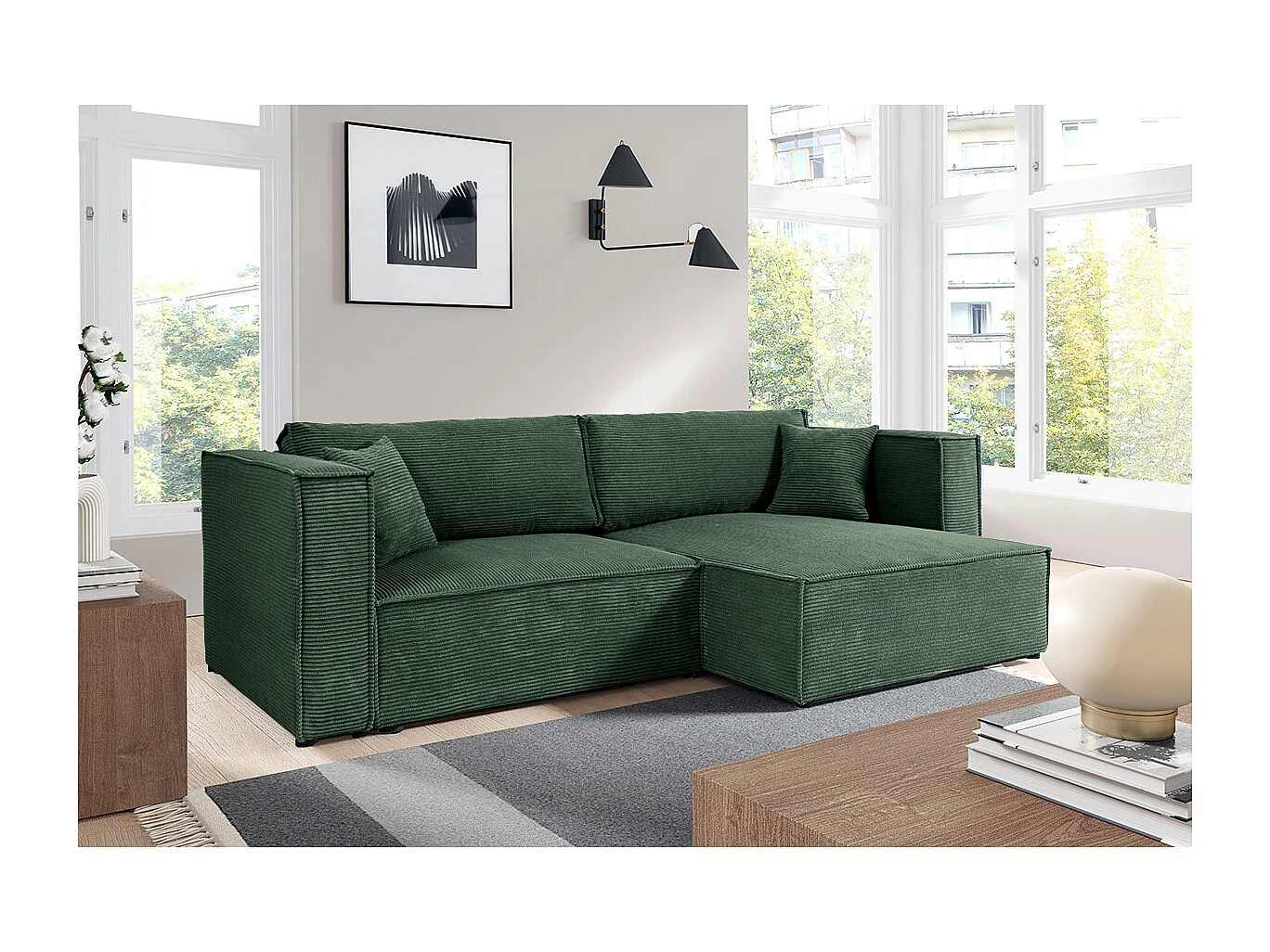 Canapé d'angle réversible convertible 3 places Jimmy velours côtelé Vert Sapin