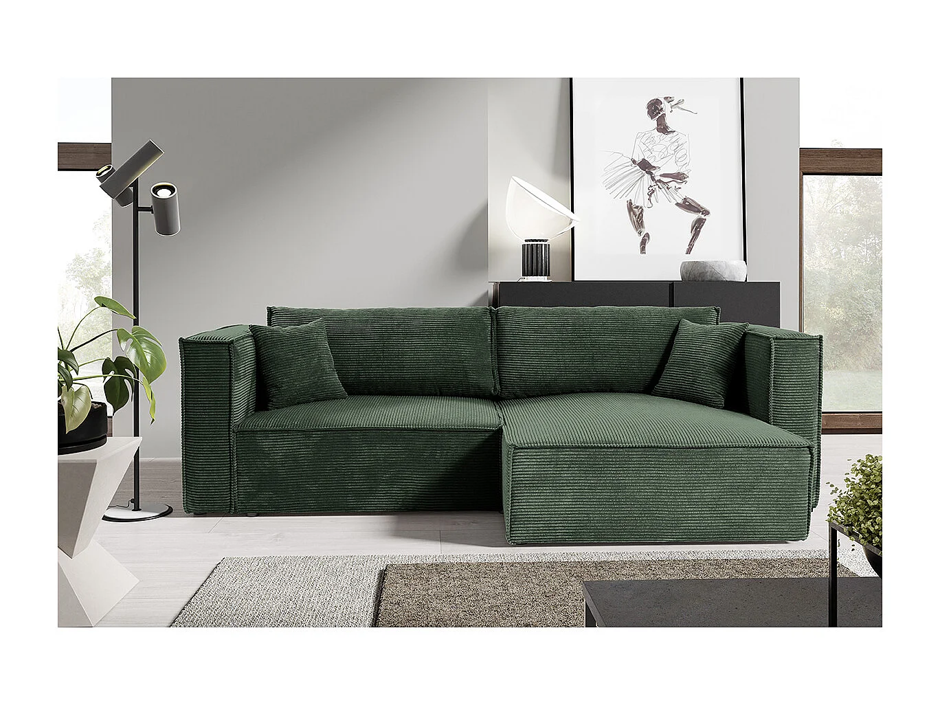 Canapé d'angle réversible convertible 3 places Jimmy velours côtelé Vert Sapin