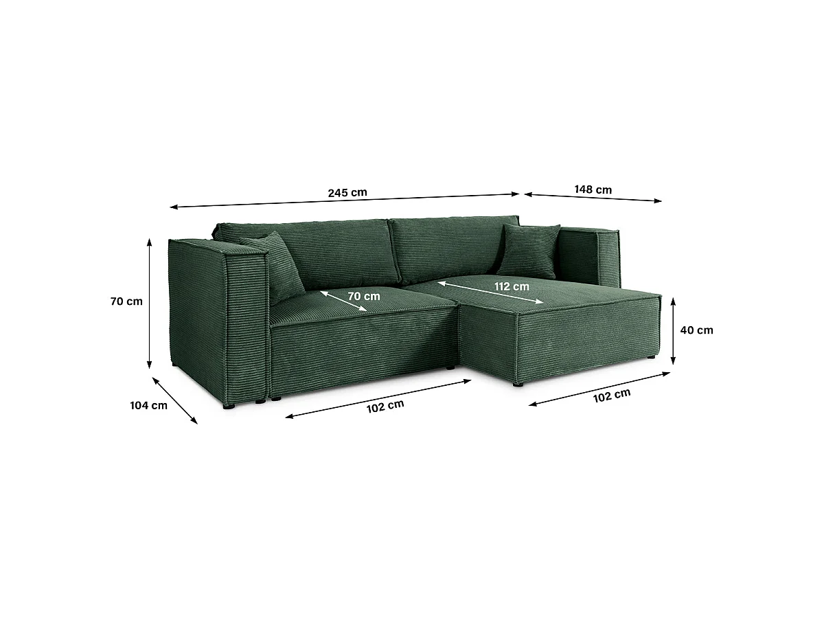 Canapé d'angle réversible convertible 3 places en velours vert