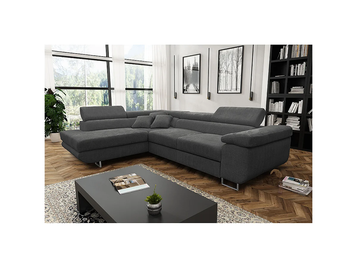 Canapé d'angle convertible gauche 4 places coffre Martin velours côtelé Gris foncé