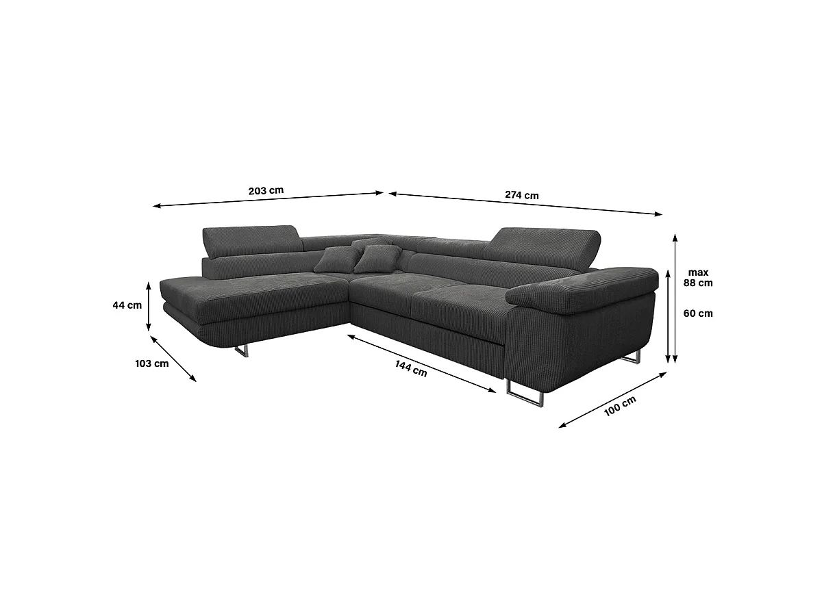 Canapé d'angle convertible 4 places avec coffre en velours gris foncé