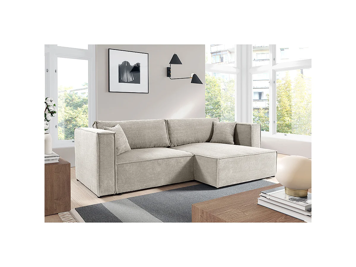 Canapé d'angle réversible convertible 3 places Jimmy velours côtelé Blanc Cassé