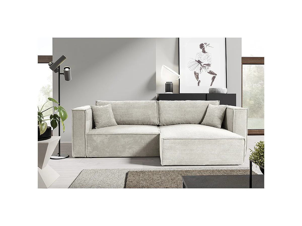 Canapé d'angle réversible convertible 3 places Jimmy velours côtelé Blanc Cassé