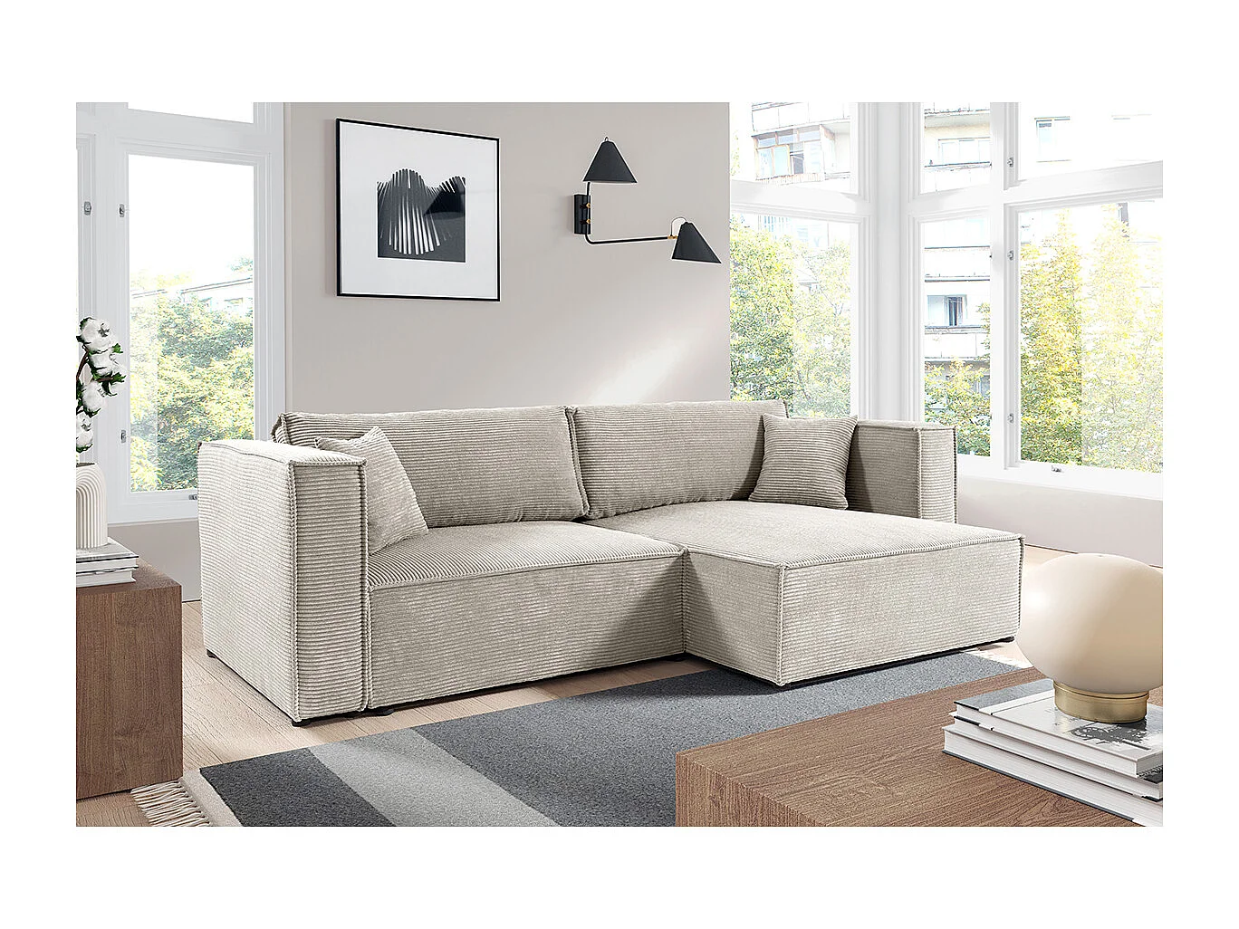 Canapé d'angle réversible convertible 3 places Jimmy velours côtelé Blanc Cassé