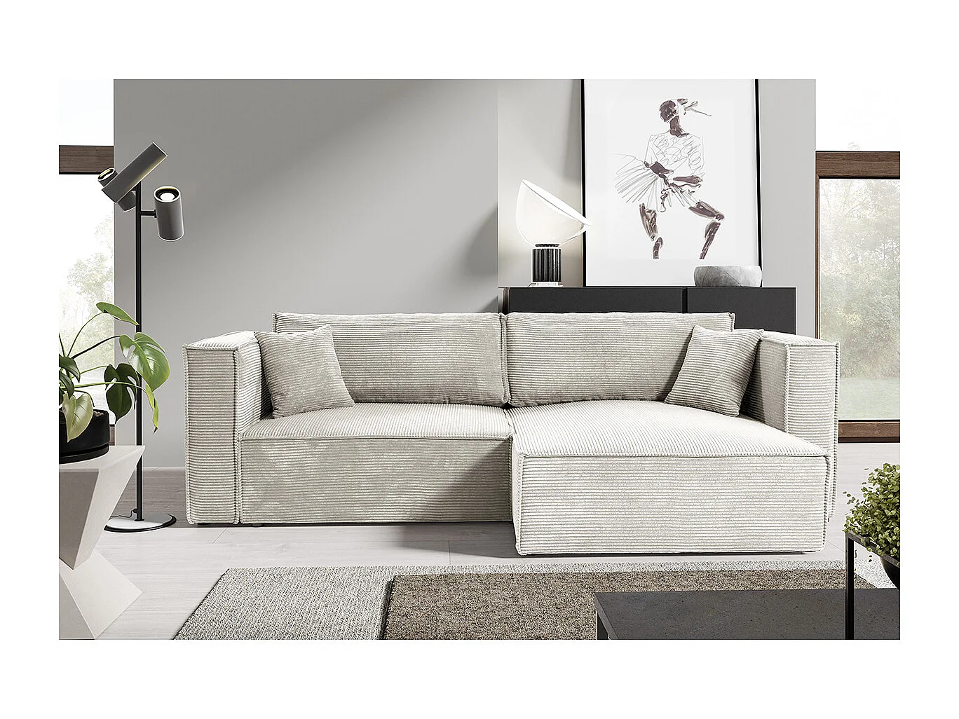 Canapé d'angle réversible convertible 3 places Jimmy velours côtelé Blanc Cassé