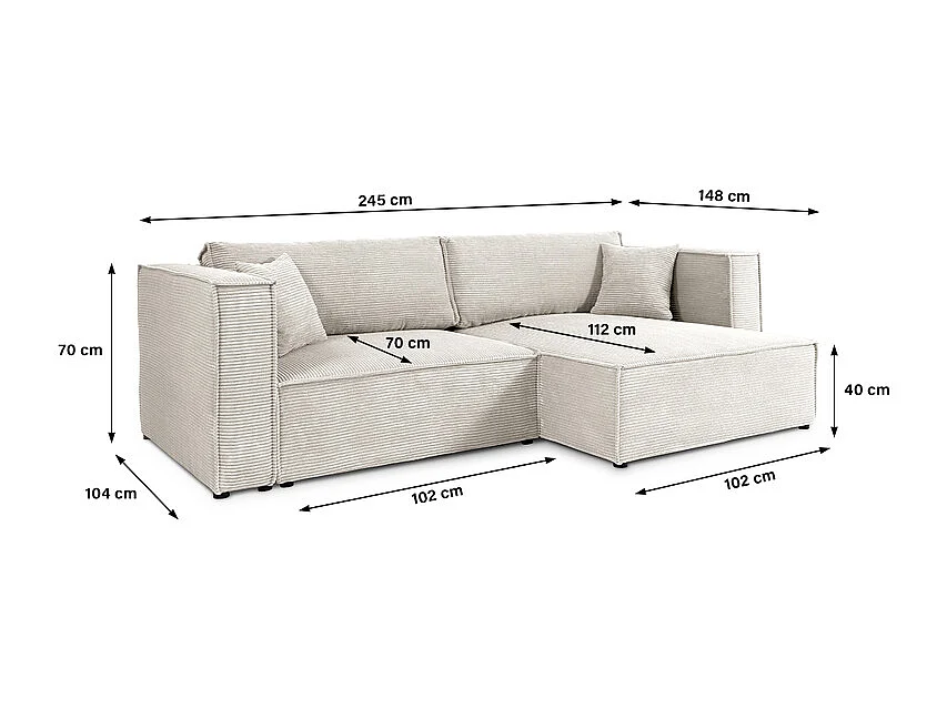 Canapé d'angle réversible convertible 3 places Jimmy velours côtelé Blanc Cassé