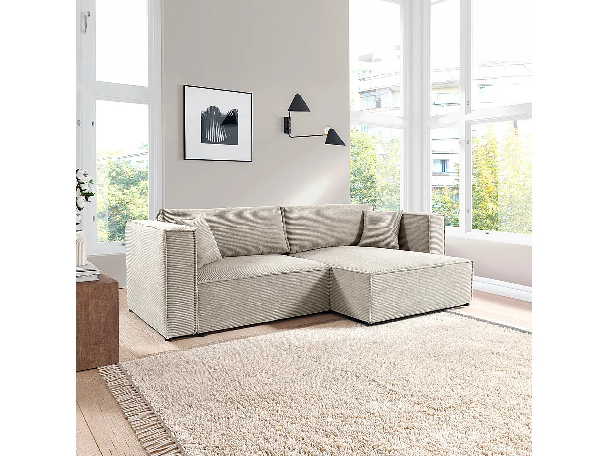 Canapé d'angle convertible 3 places en velours blanc casse JIMMY