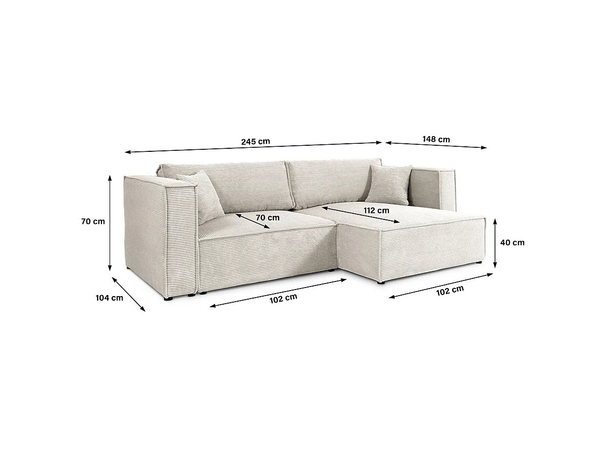Canapé d'angle convertible 3 places en velours blanc casse JIMMY