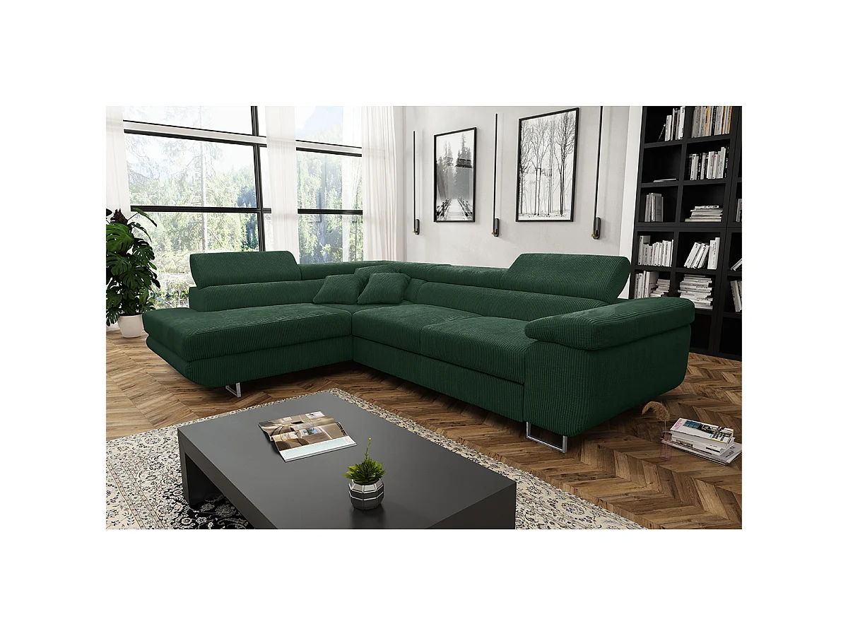 Canapé d'angle convertible gauche 4 places coffre Martin velours côtelé Vert Sapin