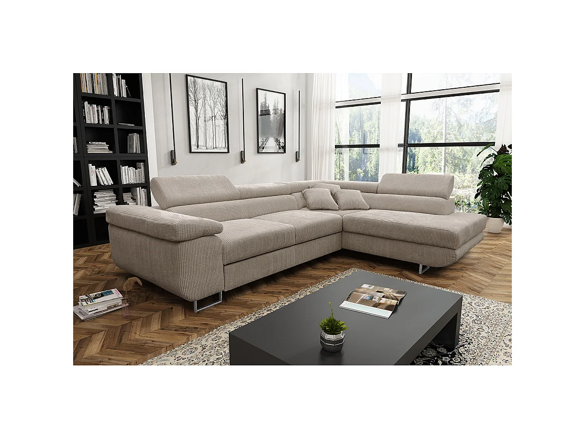 Canapé d'angle convertible droit 4 places coffre Martin velours côtelé Taupe