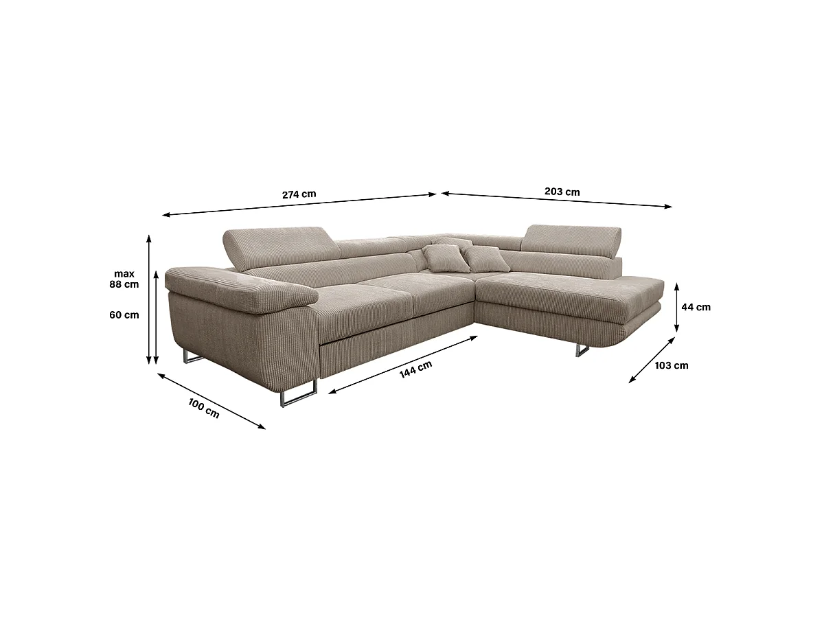 Canapé d'angle convertible droit 4 places coffre Martin velours côtelé Taupe