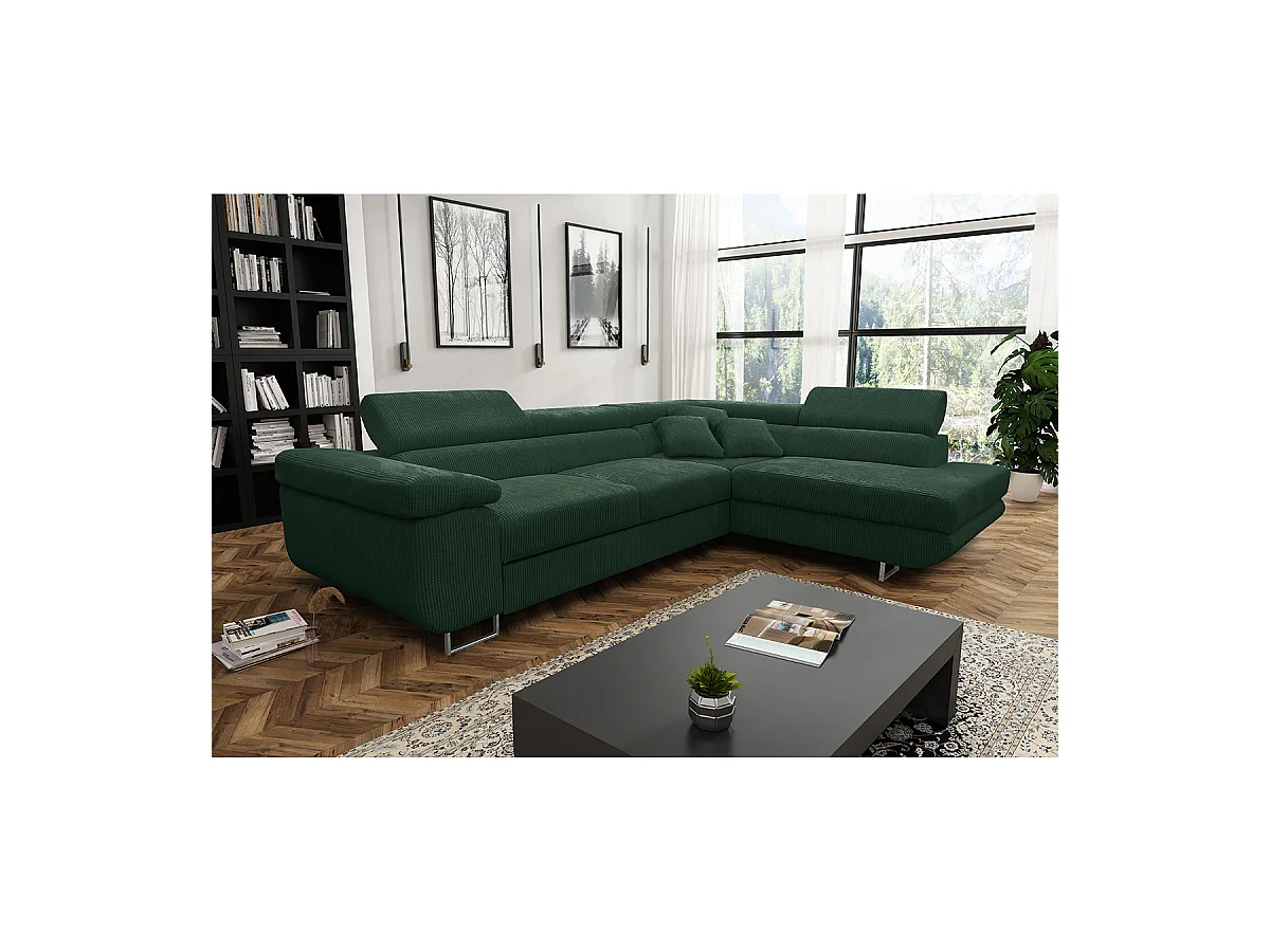 Canapé d'angle convertible droit 4 places coffre Martin velours côtelé Vert Sapin