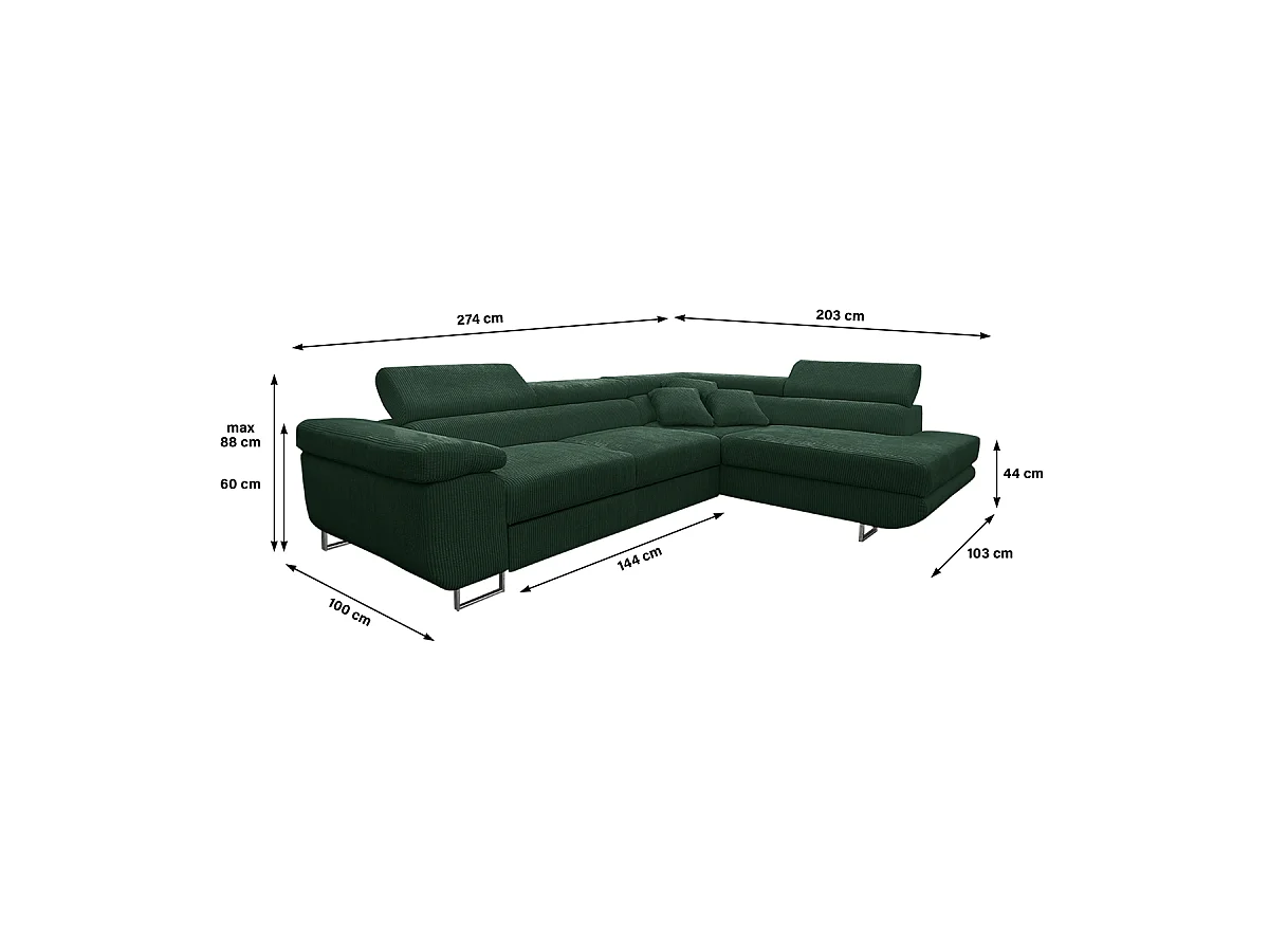 Canapé d'angle convertible droit 4 places coffre Martin velours côtelé Vert Sapin