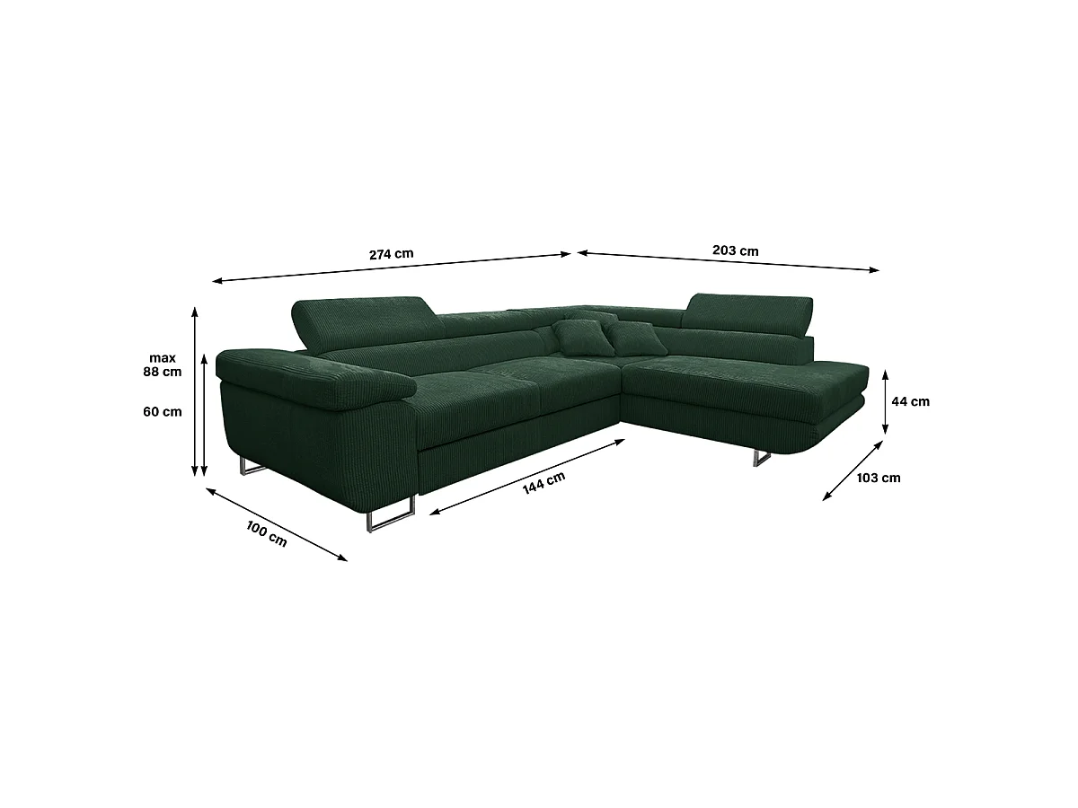 Canapé d'angle convertible droit 4 places coffre Martin velours côtelé Vert Sapin