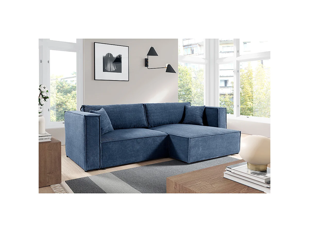 Canapé d'angle réversible convertible 3 places Jimmy velours côtelé Bleu