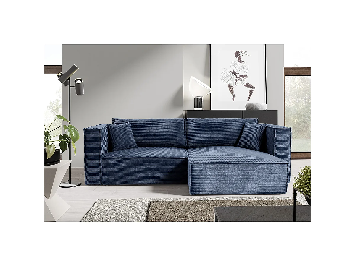 Canapé d'angle réversible convertible 3 places Jimmy velours côtelé Bleu