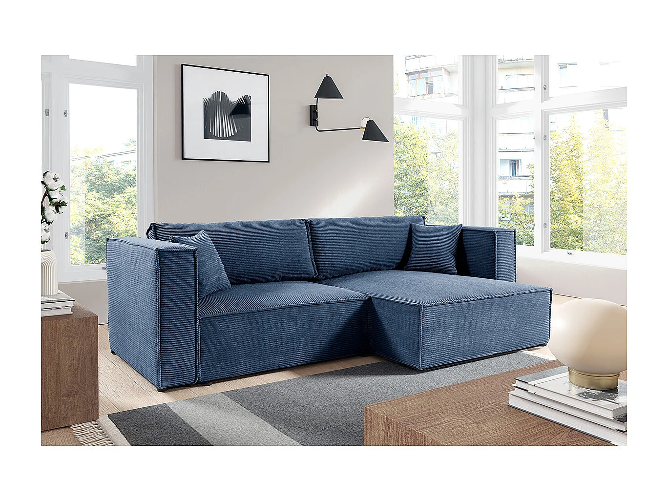 Canapé d'angle réversible convertible 3 places Jimmy velours côtelé Bleu