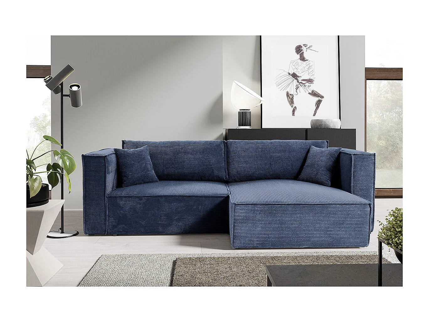 Canapé d'angle réversible convertible 3 places Jimmy velours côtelé Bleu