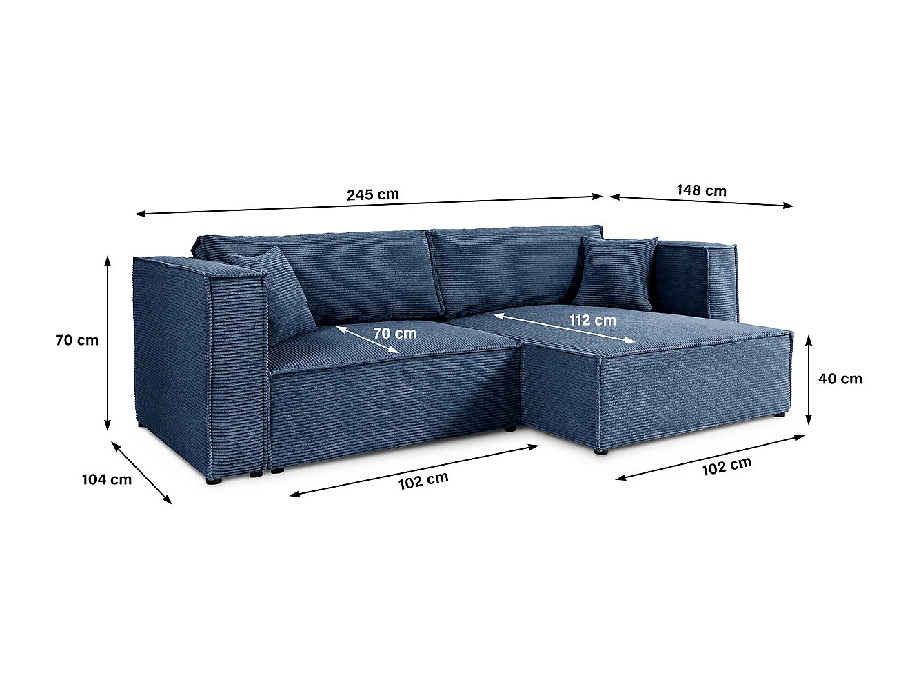 Canapé d'angle réversible convertible 3 places Jimmy velours côtelé Bleu