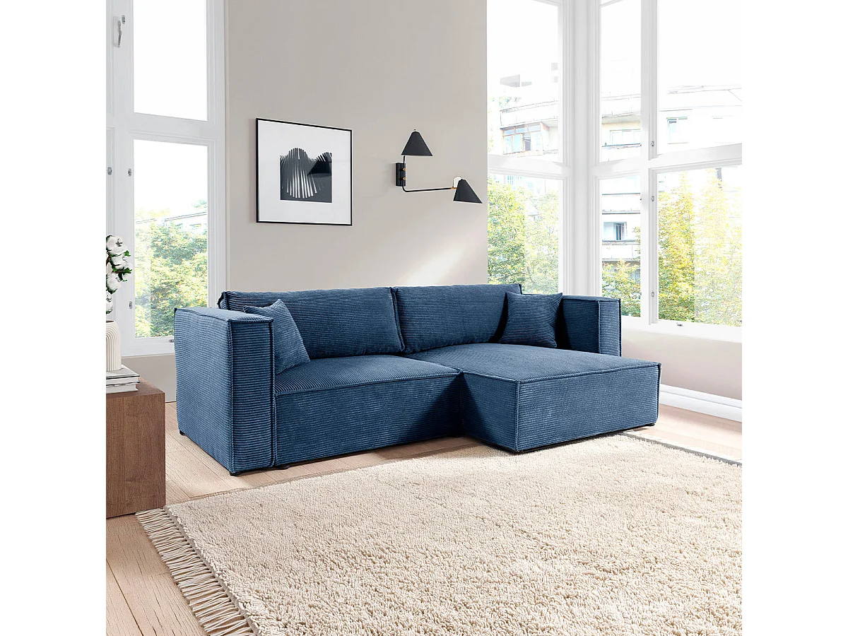 Canapé d'angle convertible 3 places réversible en velours bleu