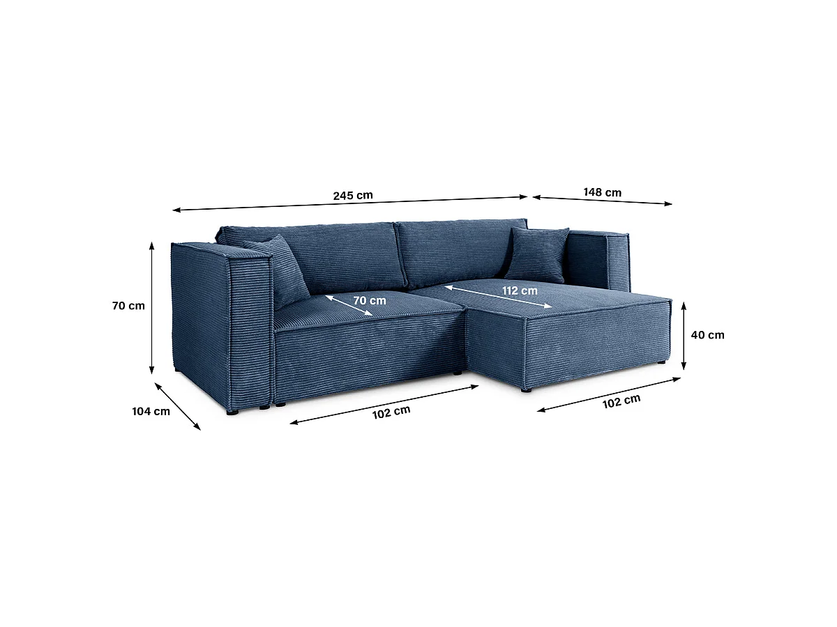 Canapé d'angle convertible 3 places réversible en velours bleu