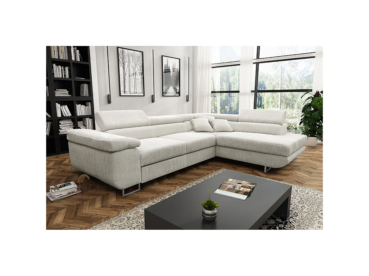 Canapé d'angle convertible droit 4 places coffre Martin velours côtelé Blanc Cassé