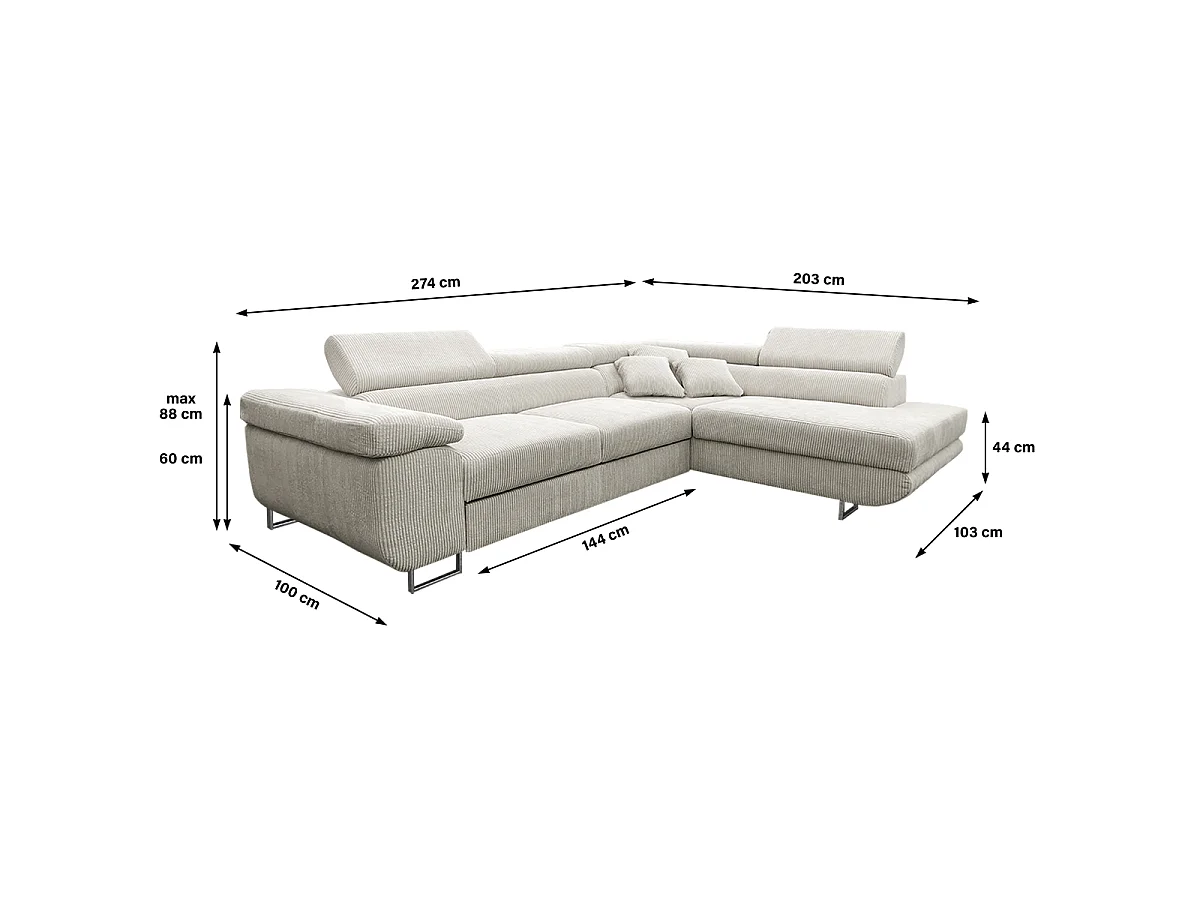 Canapé d'angle convertible droit 4 places coffre Martin velours côtelé Blanc Cassé