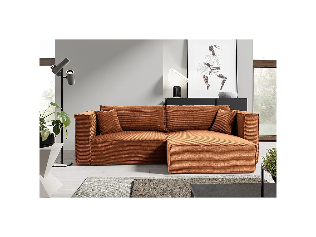 Canapé d'angle réversible convertible 3 places Jimmy velours côtelé Terracotta