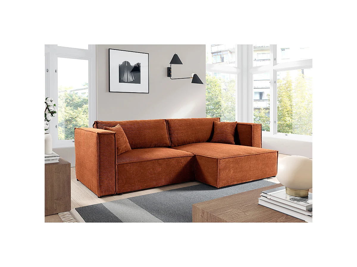 Canapé d'angle réversible convertible 3 places Jimmy velours côtelé Terracotta