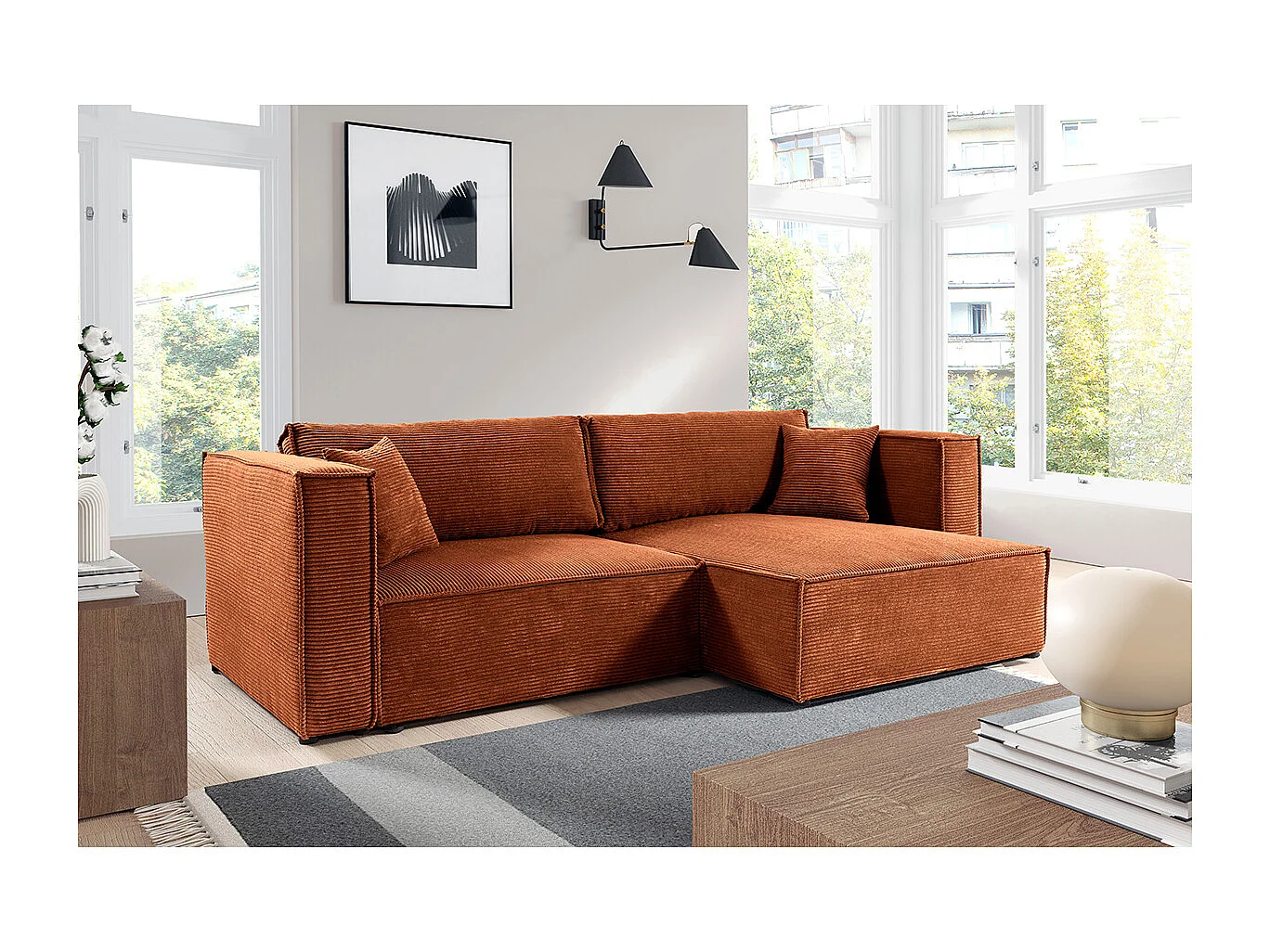 Canapé d'angle réversible convertible 3 places Jimmy velours côtelé Terracotta