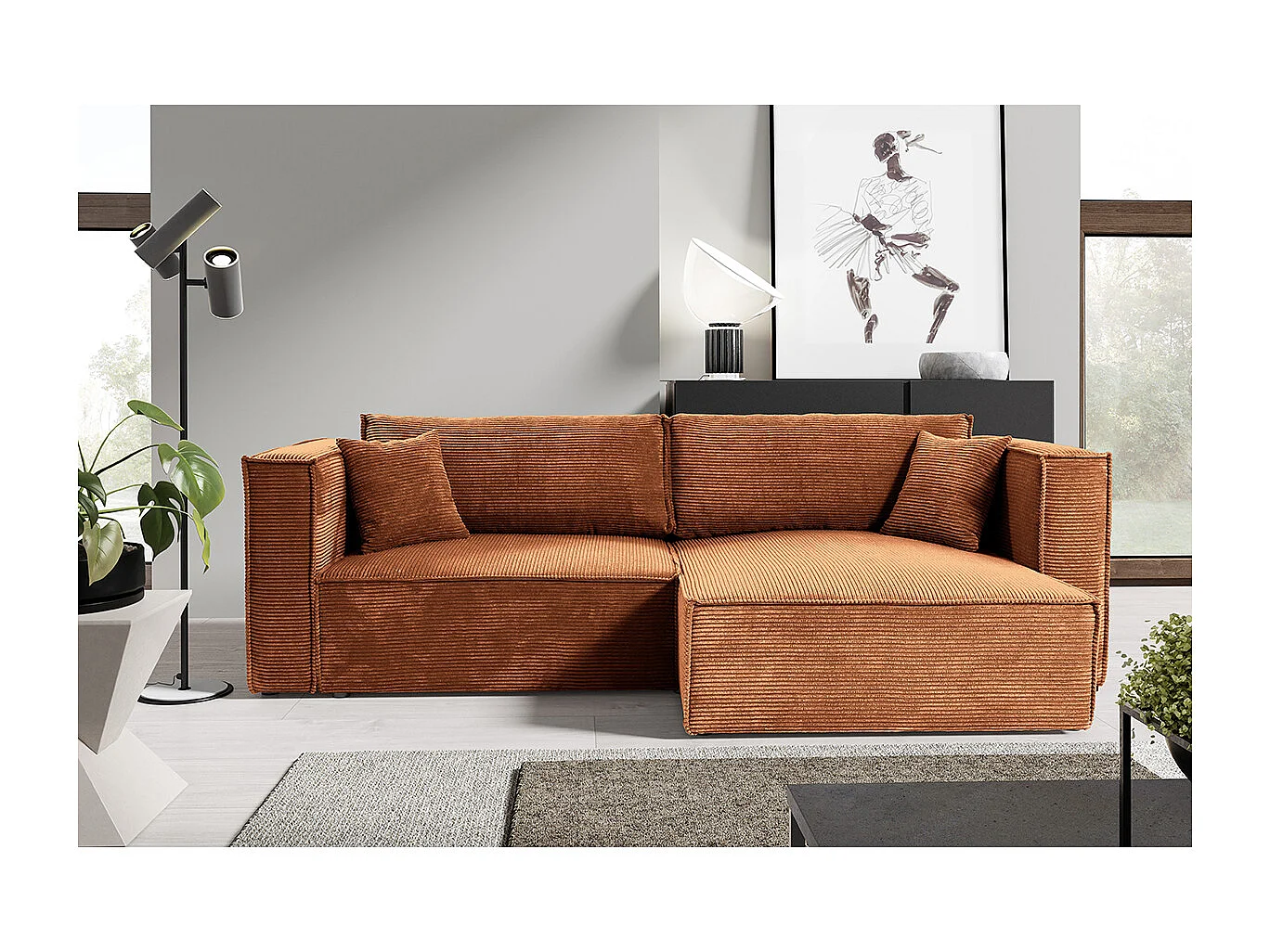 Canapé d'angle réversible convertible 3 places Jimmy velours côtelé Terracotta